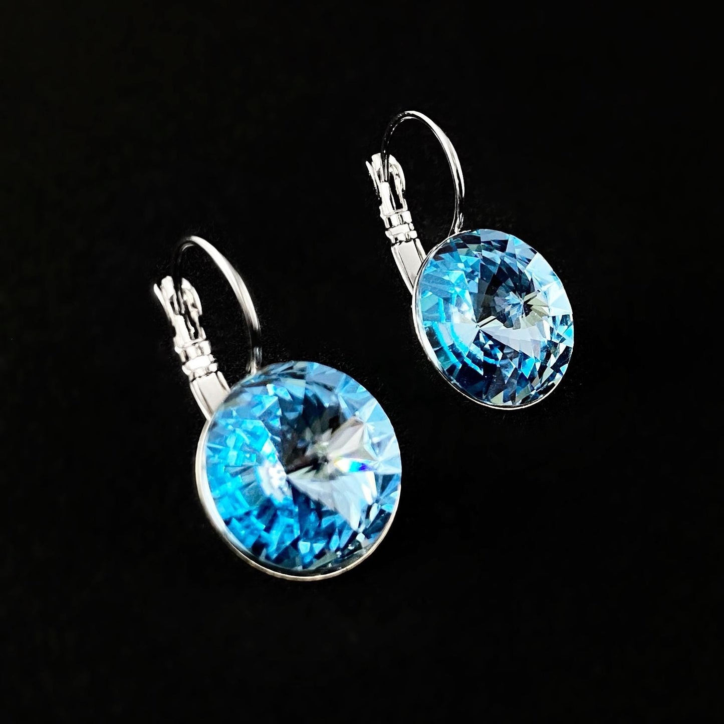 All Sparkle Round Aquamarine Swarovski Crystal Silver Earrings - VBC