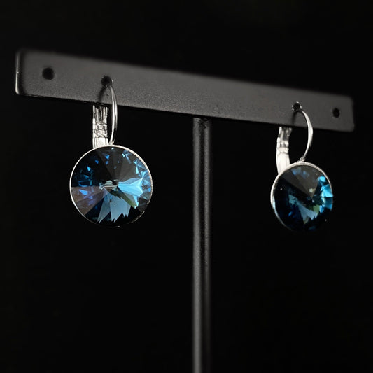 All Sparkle Round Montana Blue Swarovski Crystal Silver Earrings - VBC