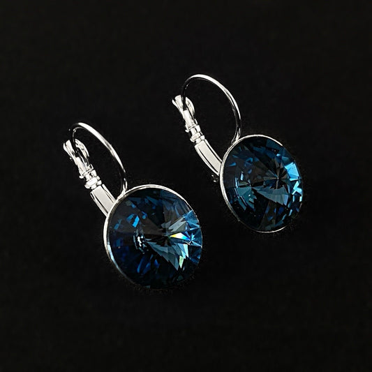 All Sparkle Round Montana Blue Swarovski Crystal Silver Earrings - VBC