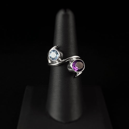 Amethyst and Blue Topaz Handmade Sterling Silver Ring -Designs by Monica, Size 7