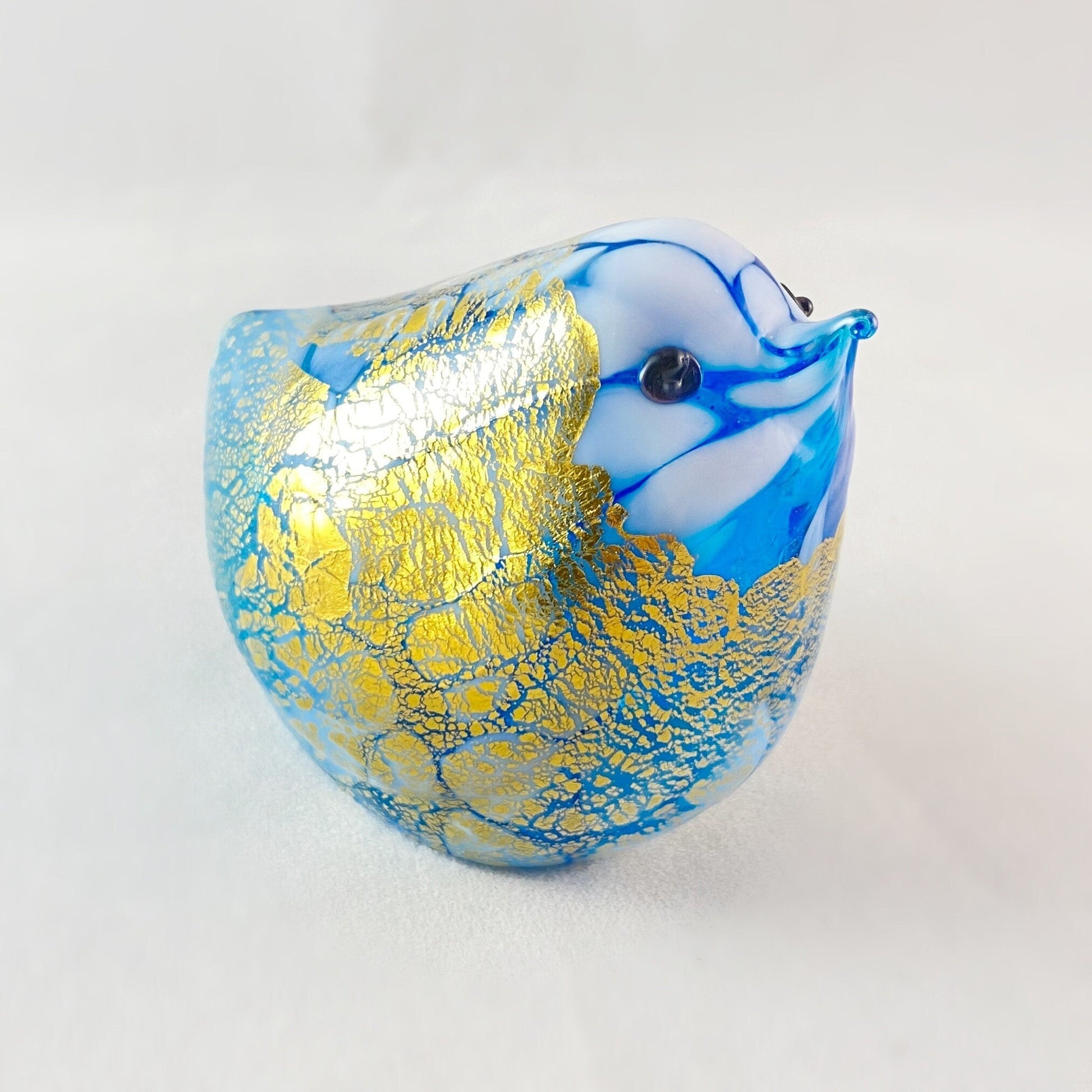 Aqua Blue and Gold Venetian Glass Chubby Bird - Handmade in Italy, Colorful Murano Glass