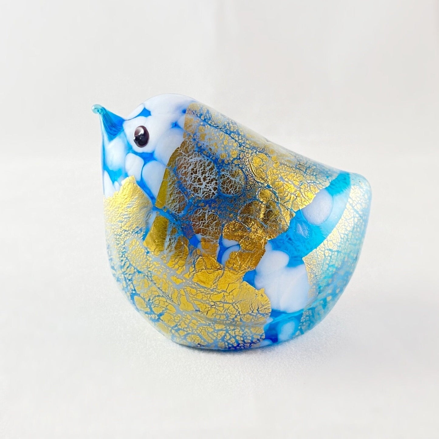 Aqua Blue and Gold Venetian Glass Chubby Bird - Handmade in Italy, Colorful Murano Glass