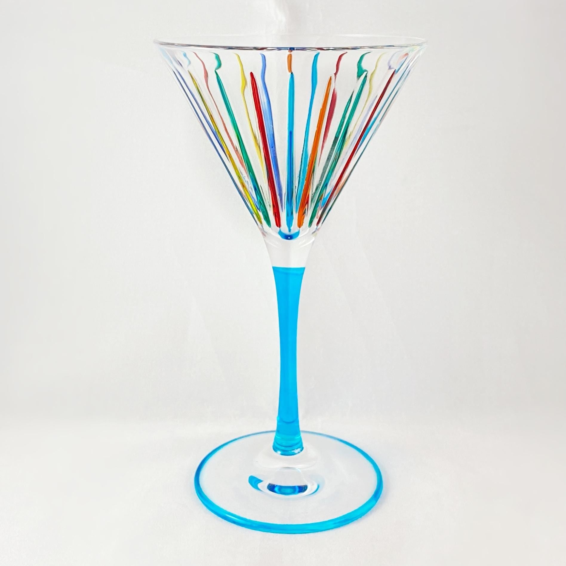 Aqua Blue Stem Timeless Outline Venetian Martini Glass - Handmade in Italy, Colorful Murano Glass