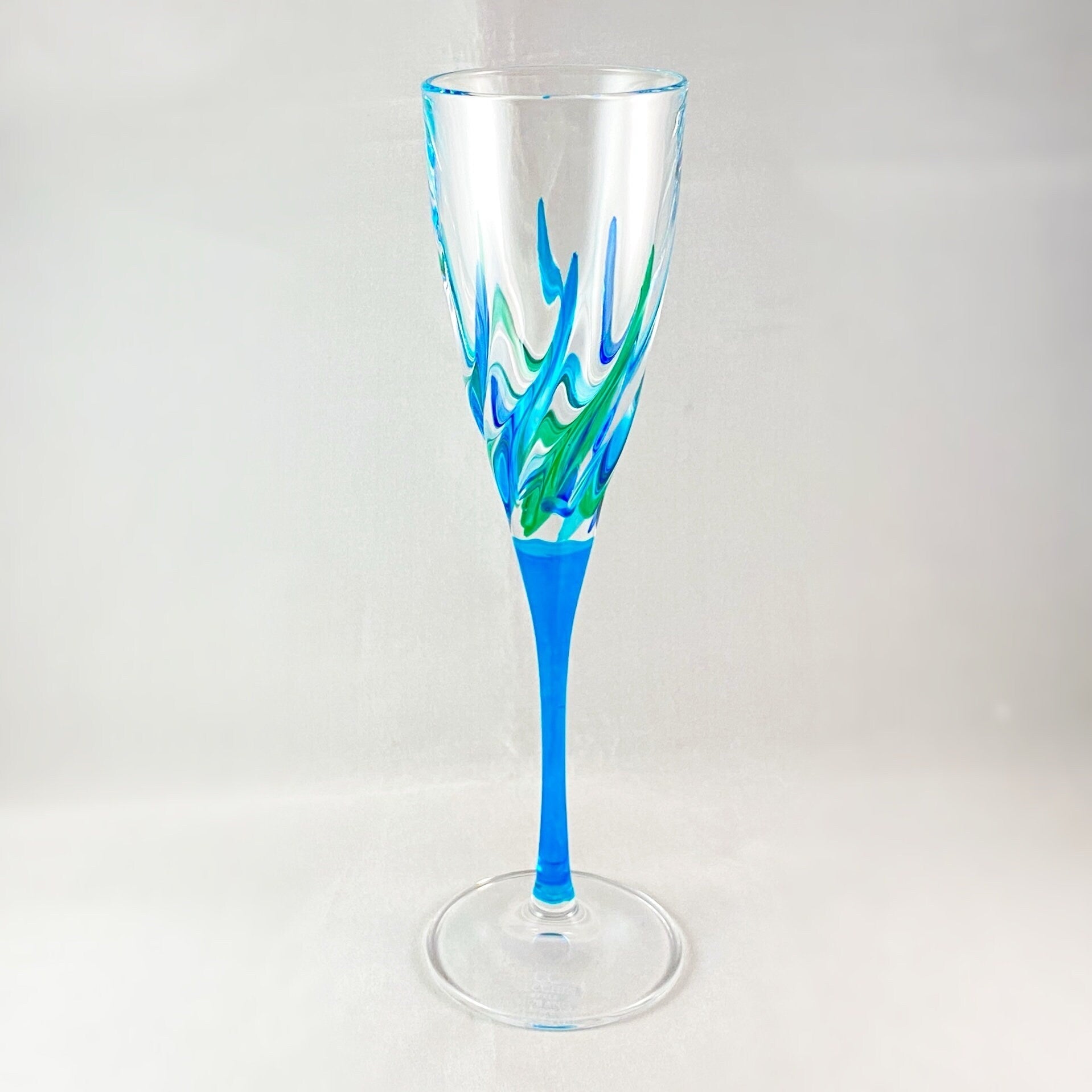 Aqua Blue Stem Trix SD Venetian Glass Champagne Flute - Handmade in Italy, Colorful Murano Glass