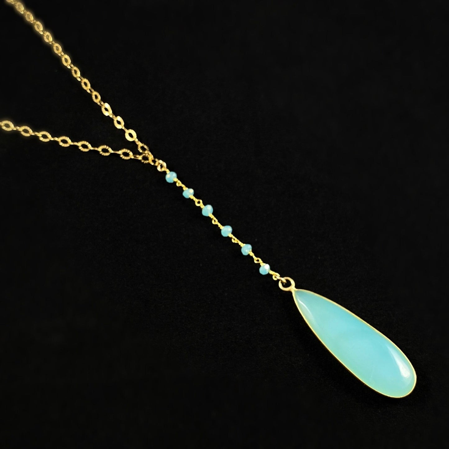 Aqua Chalcedony Quartz Lariat Teardrop Necklace - Blue Gemstone Necklace Made in USA