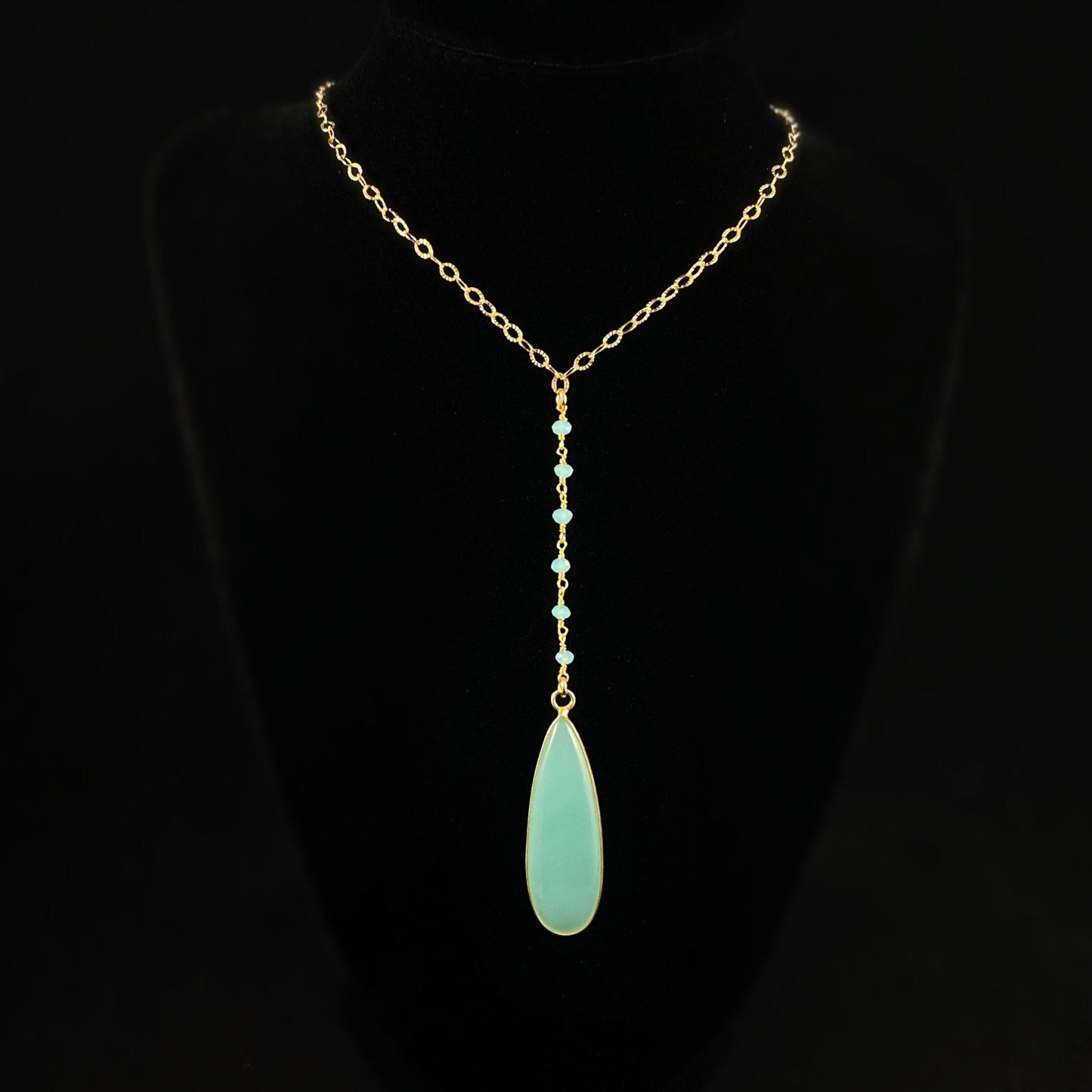 Aqua Chalcedony Quartz Lariat Teardrop Necklace - Blue Gemstone Necklace Made in USA