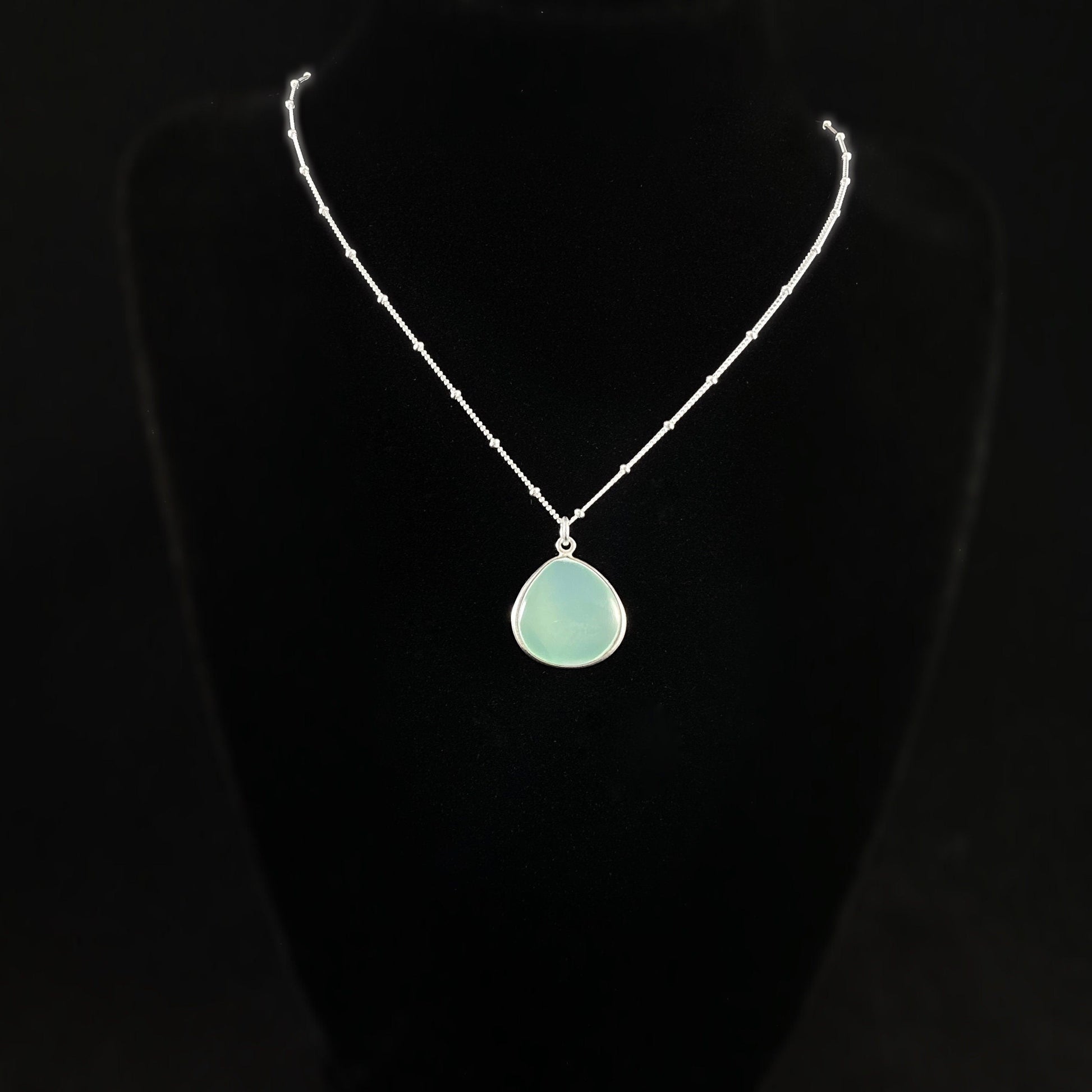 Aqua Chalcedony Quartz Wide Teardrop Necklace - Gemstone Jewelry Made in USA