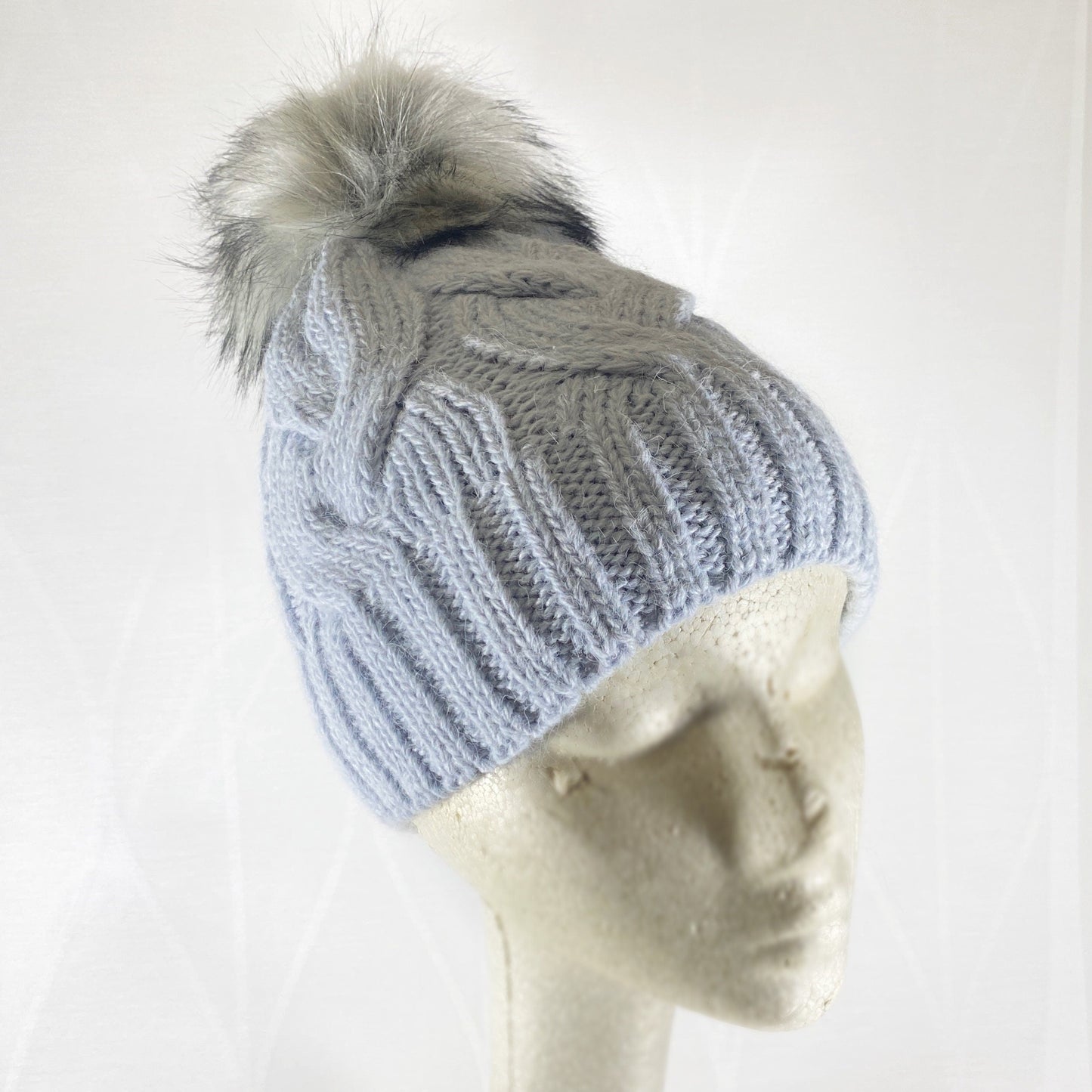 Baby Blue Winter Beanie With Pompom - Made From Italian Wool, Acrylic Yarn, and Faux Fur