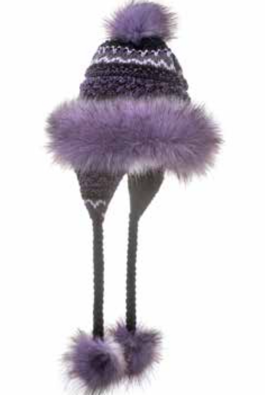 Bajka Style Lavender Winter Hat With Flaps and Pom Poms