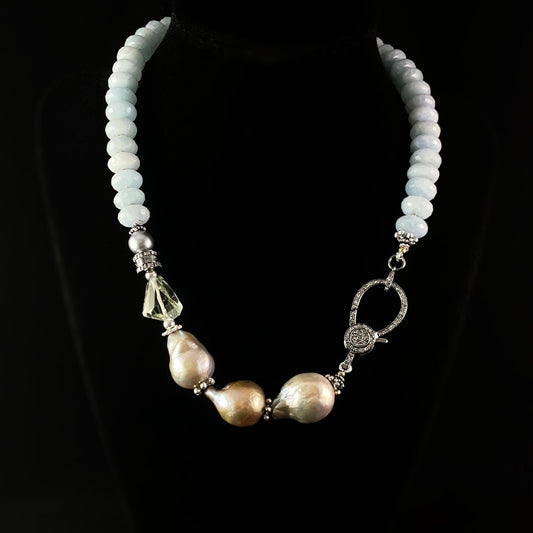 Baroque Pearl, Aquamarine, and Diamond Necklace, Handmade in USA - Avaasi