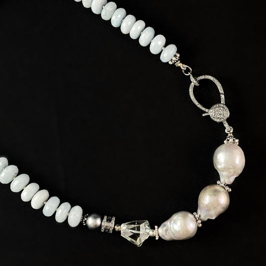 Baroque Pearl, Aquamarine, and Diamond Necklace, Handmade in USA - Avaasi