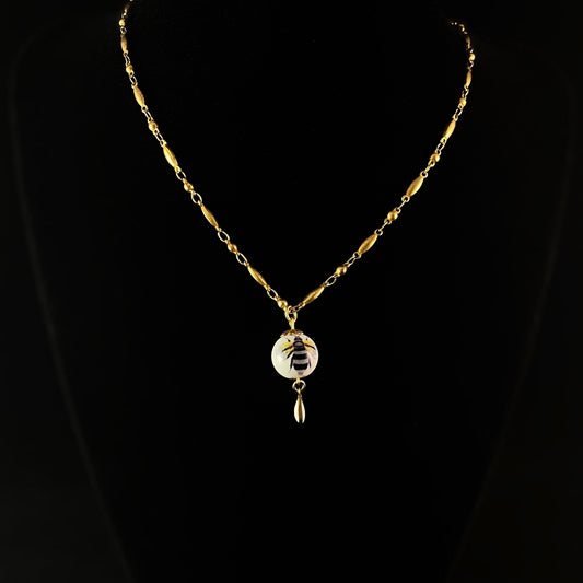 Beaded Gold Chain Necklace with Round Bee Bead Pendant - La Vie Parisienne by Catherine Popesco
