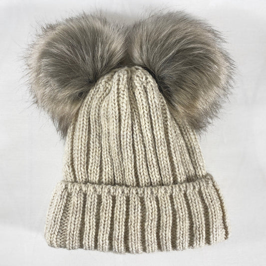 Beige and Brown Winter Beanie With Dual Pompoms - Made From Italian Wool, Acrylic Yarn, and Faux Fur