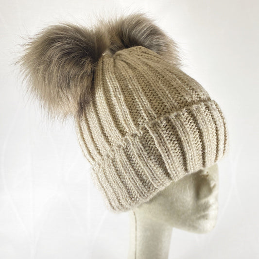 Beige and Brown Winter Beanie With Dual Pompoms - Made From Italian Wool, Acrylic Yarn, and Faux Fur