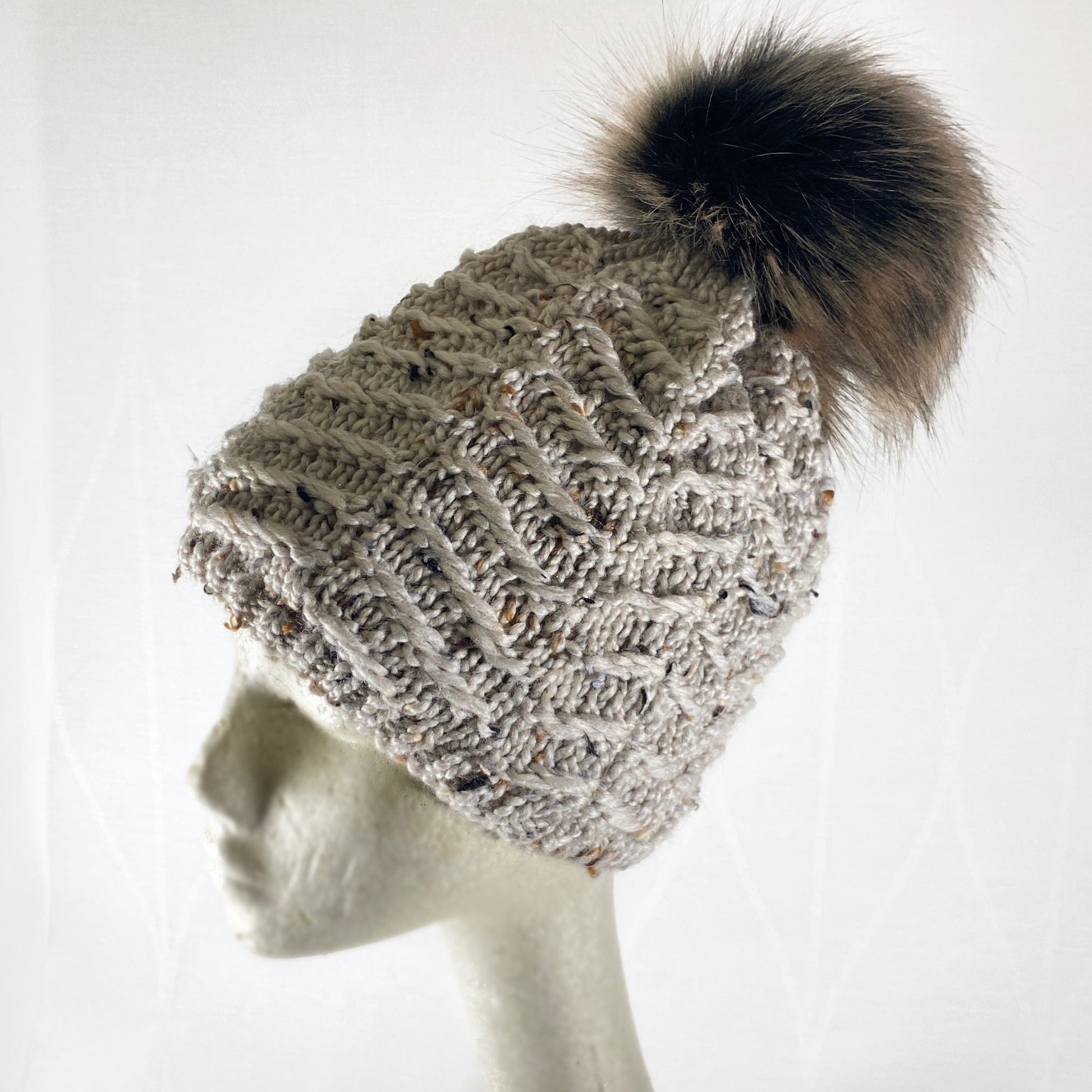Beige Confetti Winter Beanie With Pompom - Made From Italian Wool, Acrylic Yarn, and Faux Fur