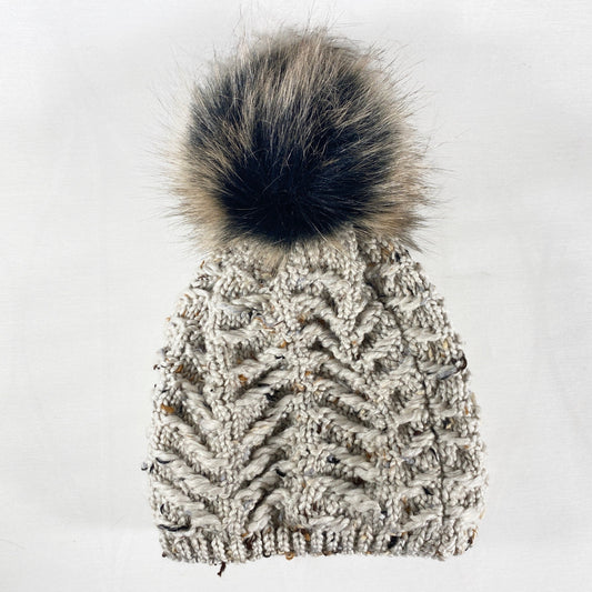 Beige Confetti Winter Beanie With Pompom - Made From Italian Wool, Acrylic Yarn, and Faux Fur