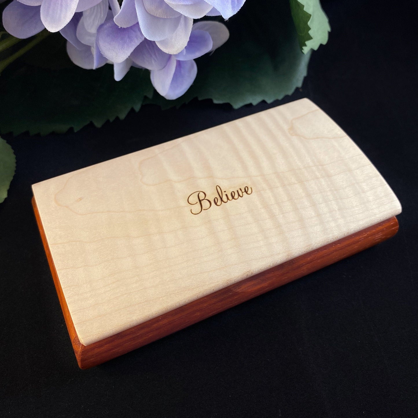Believe Quote Box from Mikutowski Woodworking Handmade Wooden Box with Curly Maple and Padauk