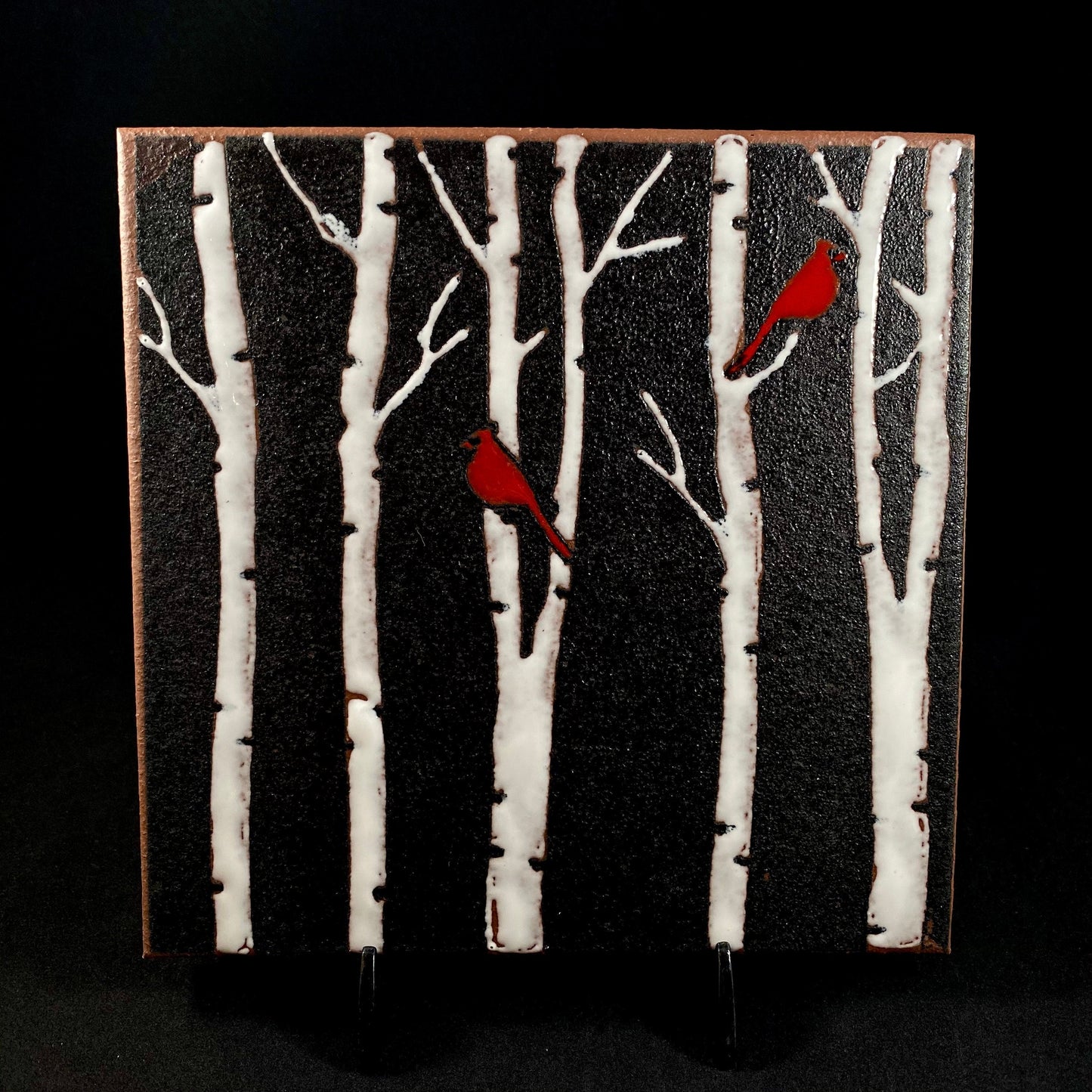 Birch Trees and Cardinals Handmade Glazed Tile, Made in USA - Wall Decor, Table Decor, Trivet
