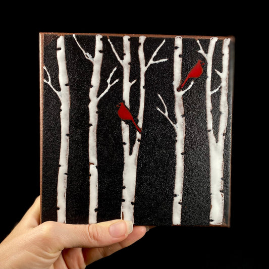Birch Trees and Cardinals Handmade Glazed Tile, Made in USA - Wall Decor, Table Decor, Trivet