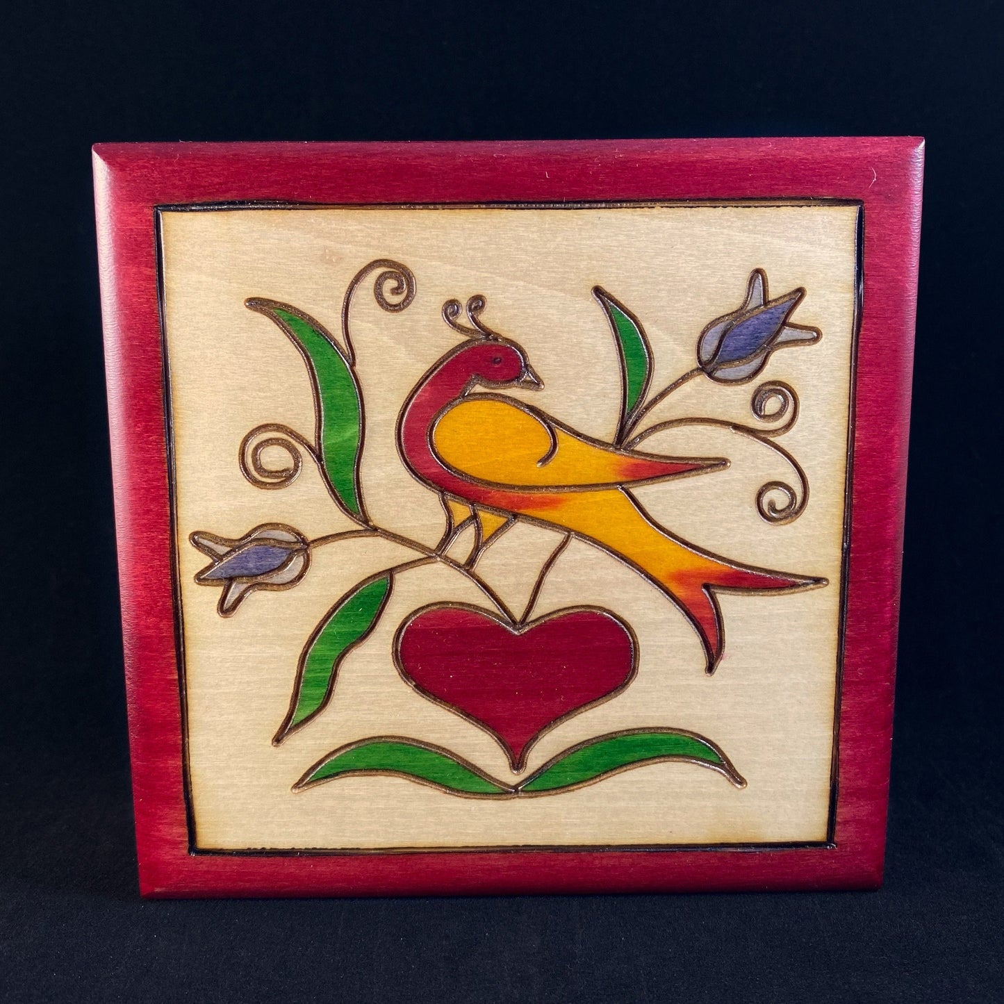 Bird, Flowers, and Heart Handmade Hinged Square Red Wooden Treasure Box