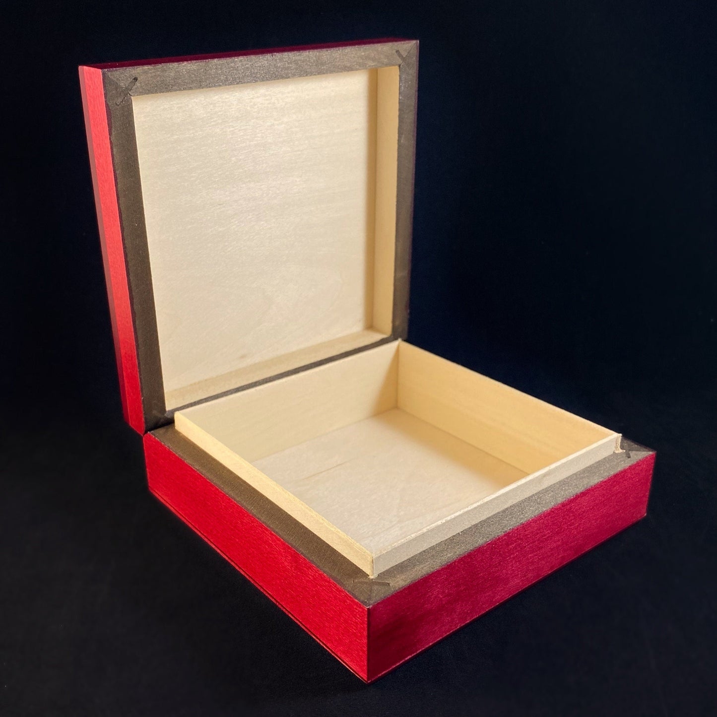 Bird, Flowers, and Heart Handmade Hinged Square Red Wooden Treasure Box