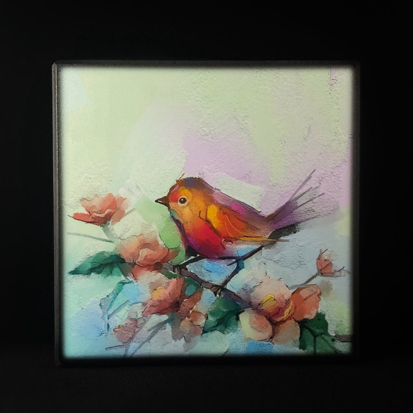 Bird on a Pink Floral Branch, Art Block - Unique Home/Office Decor