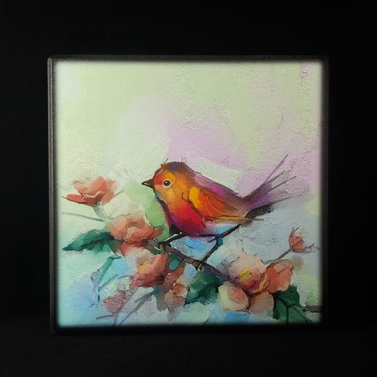 Bird on a Pink Floral Branch, Art Block - Unique Home/Office Decor