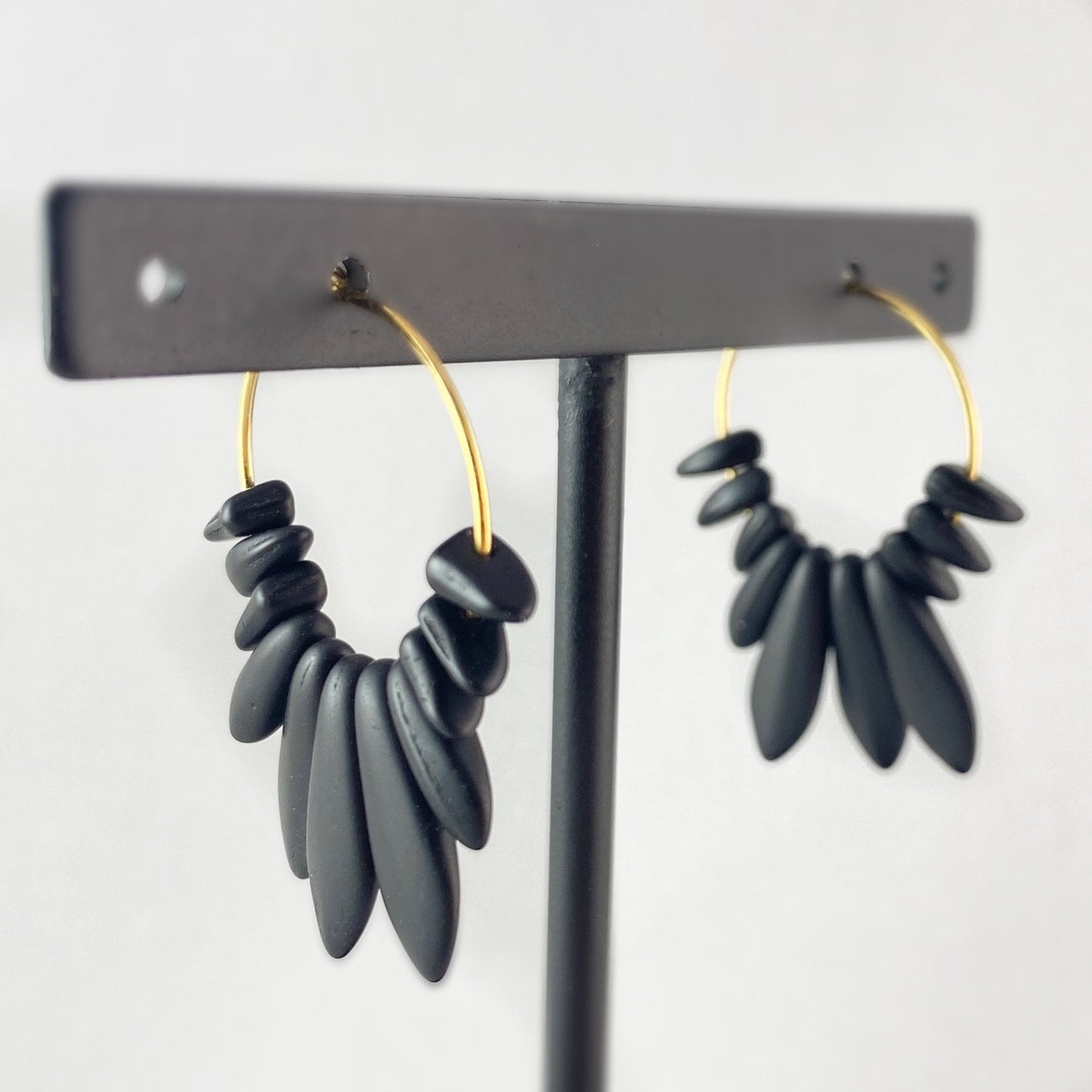 Black Agate Beaded Hoop Earrings - 18kt Gold Over Brass with Black Agate Beads , David Aubrey Jewelry