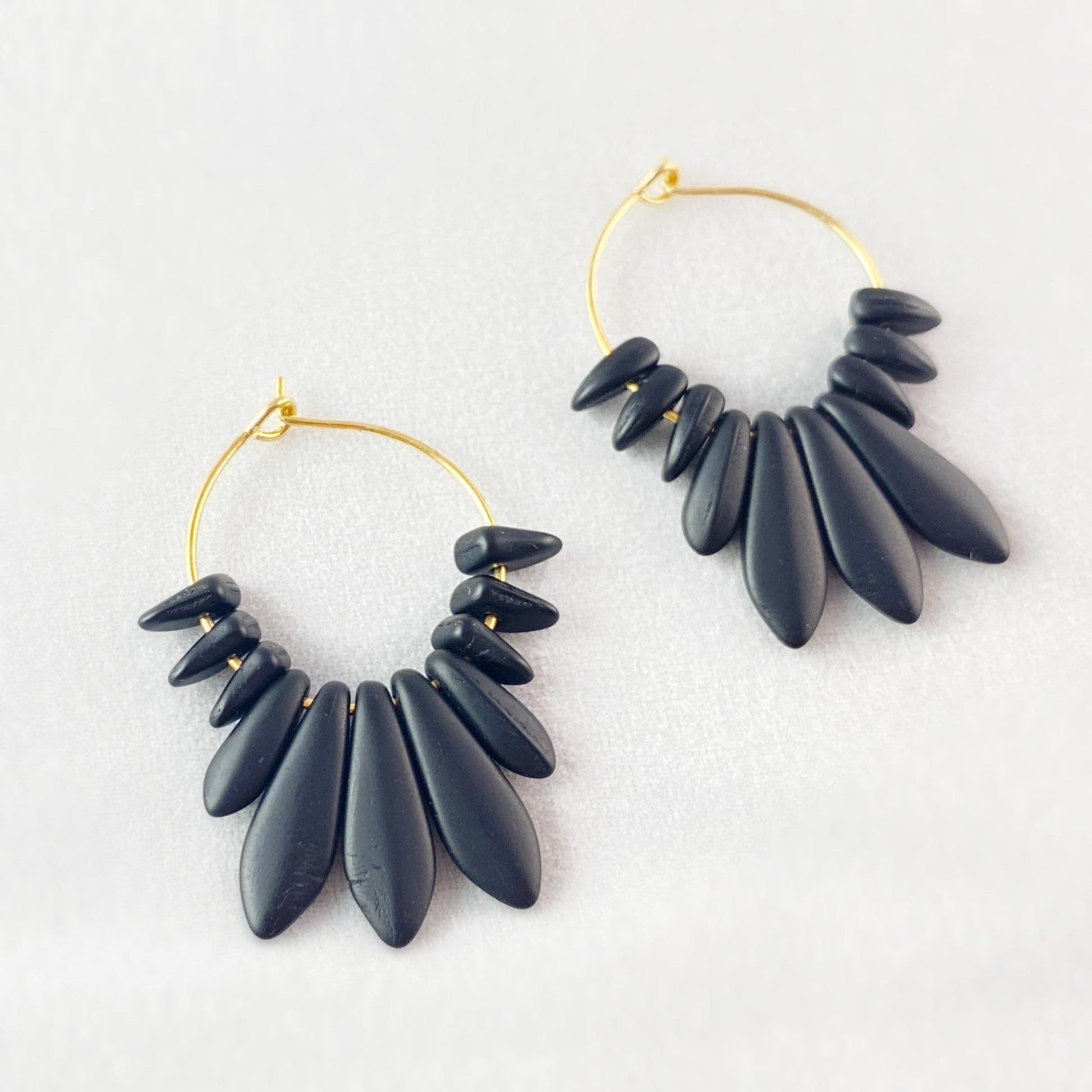 Black Agate Beaded Hoop Earrings - 18kt Gold Over Brass with Black Agate Beads , David Aubrey Jewelry