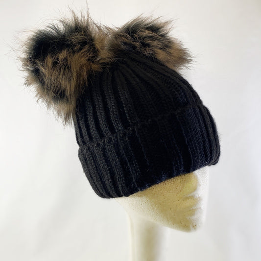 Black and Brown Winter Beanie With Dual Pompoms - Made From Italian Wool, Acrylic Yarn, and Faux Fur