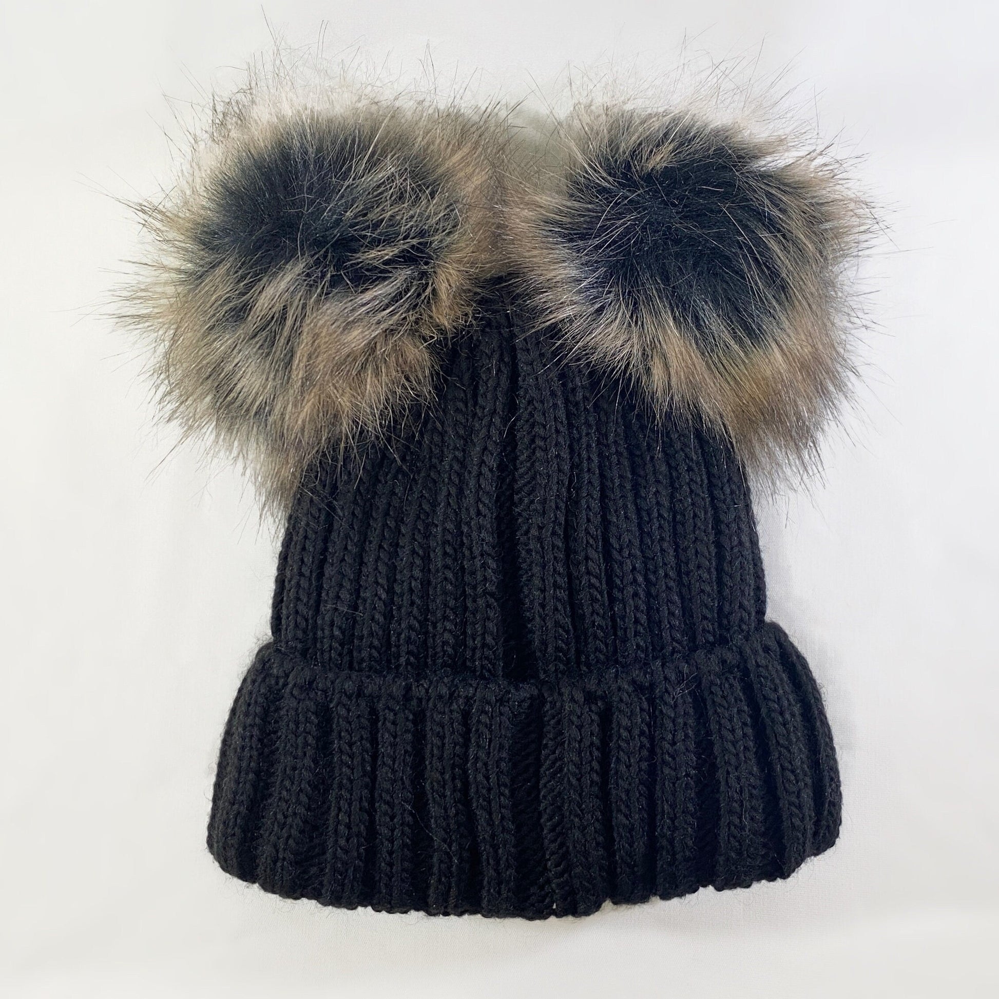 Black and Brown Winter Beanie With Dual Pompoms - Made From Italian Wool, Acrylic Yarn, and Faux Fur