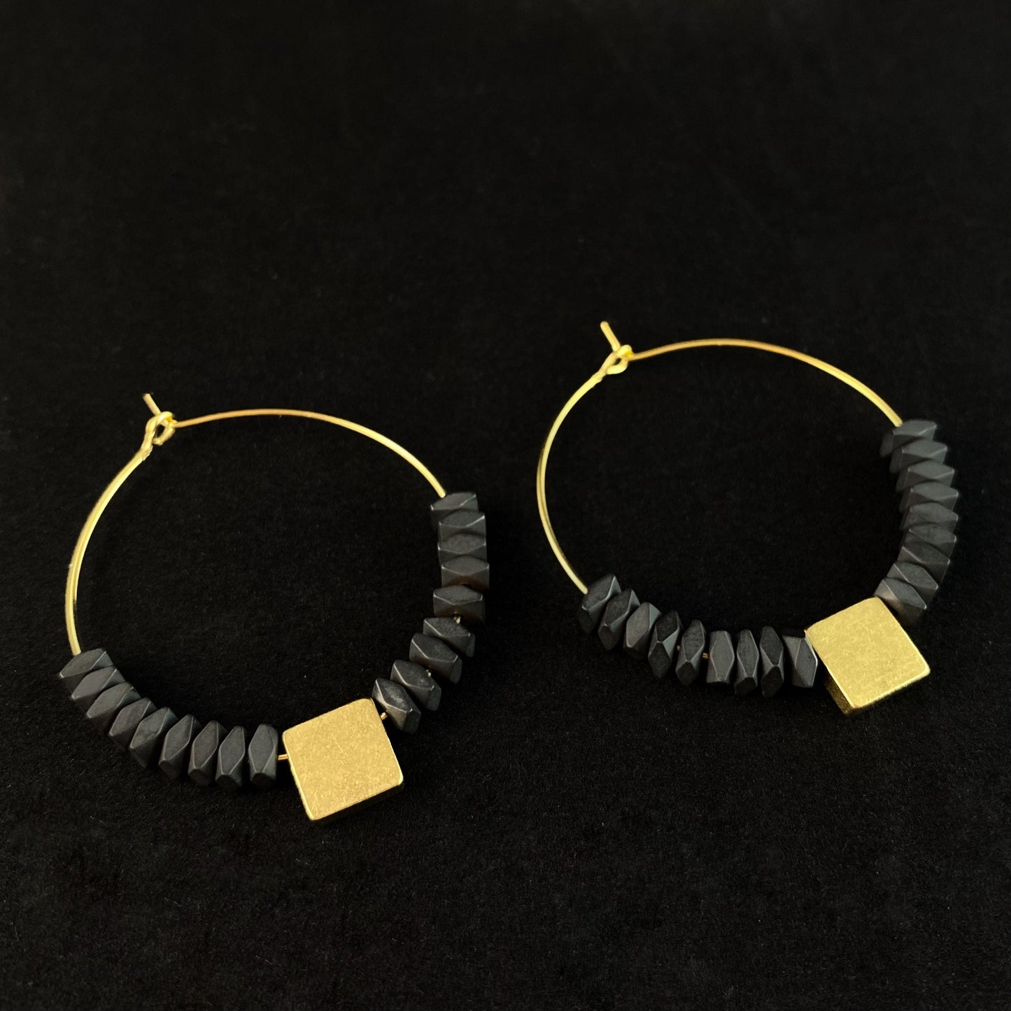 Black and Gold Beaded Hoop Earrings - 18kt Gold over Brass with Hematite, David Aubrey Jewelry