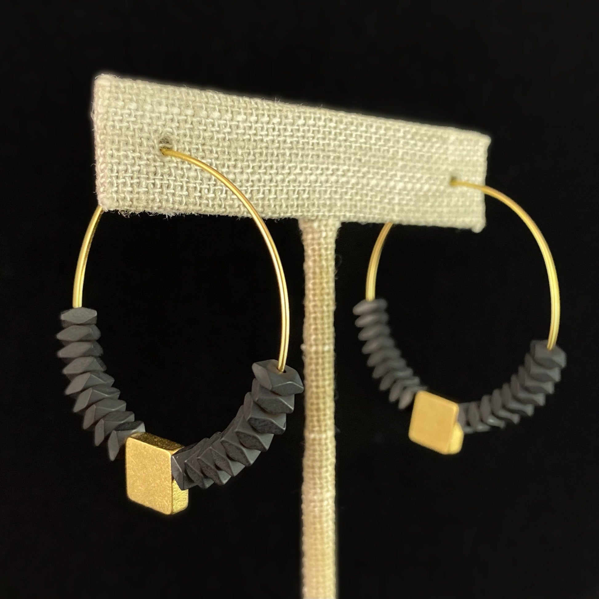 Black and Gold Beaded Hoop Earrings - 18kt Gold over Brass with Hematite, David Aubrey Jewelry
