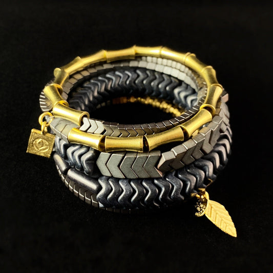 Black and Gold Geometric Art Deco Style Bracelet - Hematite and Brass - David Aubrey Jewelry