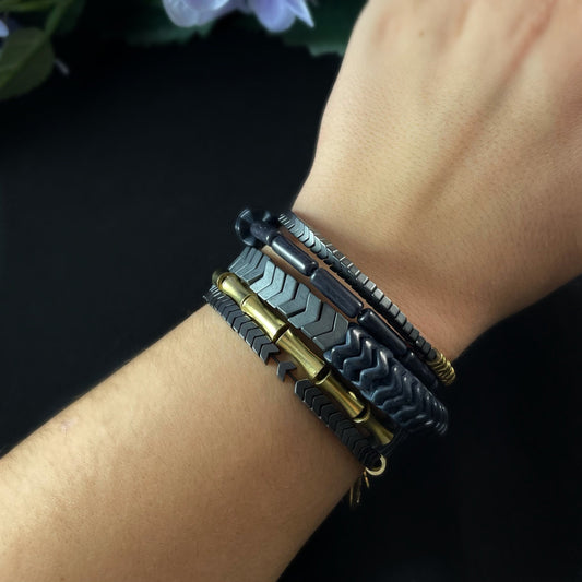 Black and Gold Geometric Art Deco Style Bracelet - Hematite and Brass - David Aubrey Jewelry