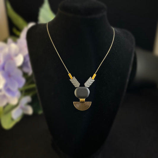 Black and Gold Geometric Art Deco Sunburst Style Necklace - 18kt Gold Over Brass with Hematite and Black Agate - David Aubrey Jewelry