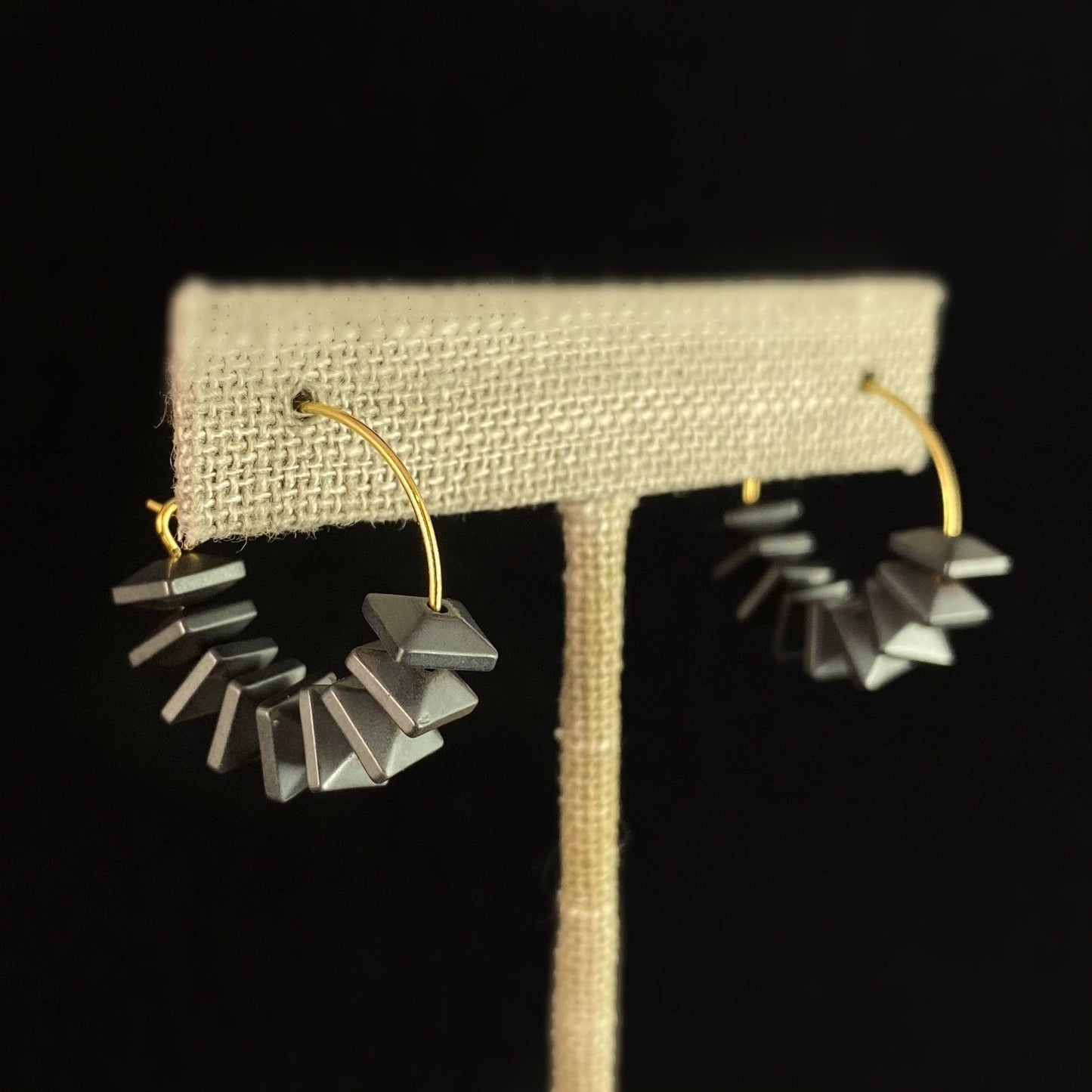 Black Beaded Hoop Earrings - 18kt Gold Over Brass with Hematite, David Aubrey Jewelry