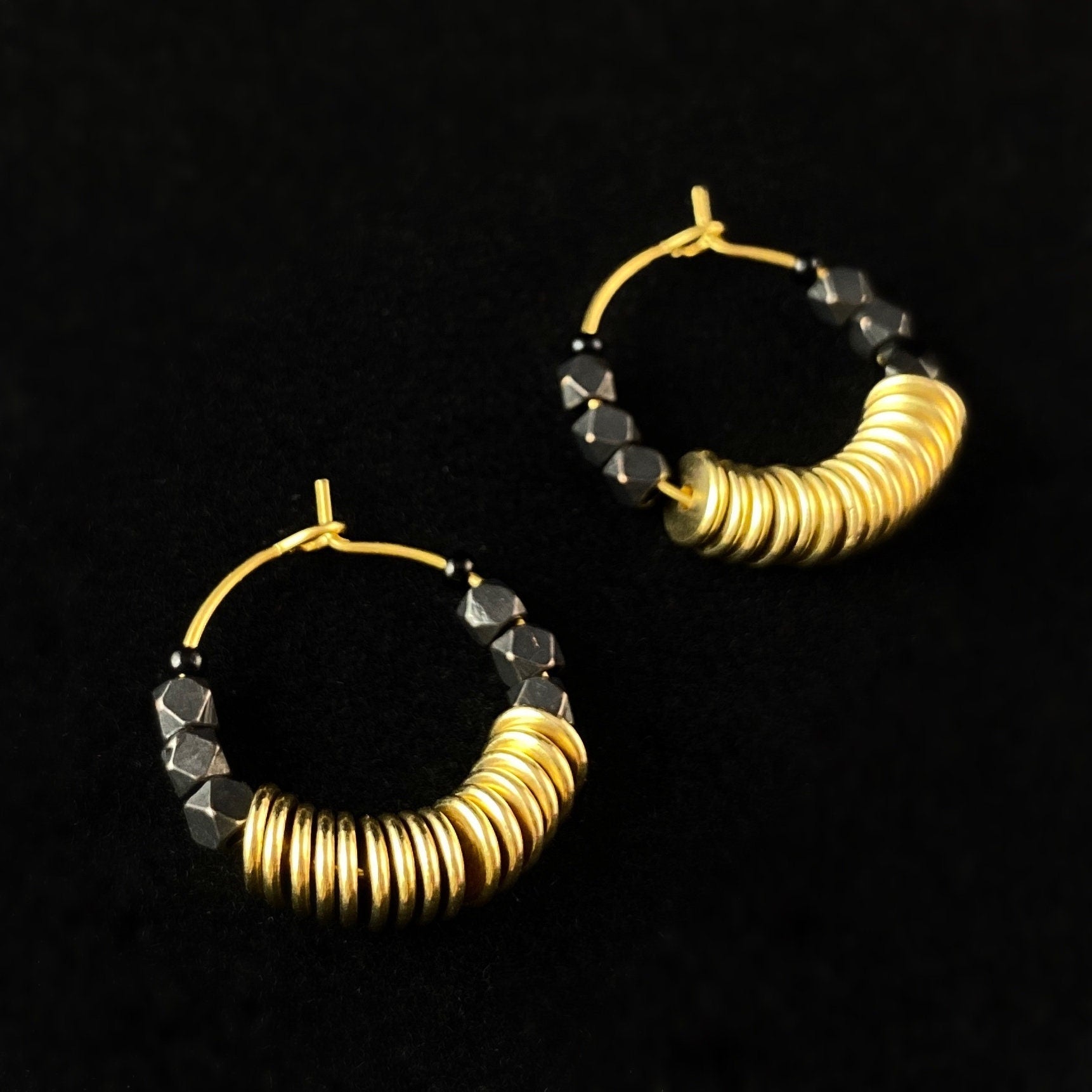 Black Beaded Hoop Earrings - 18kt Gold Over Brass with Plated Thai Brass , David Aubrey Jewelry