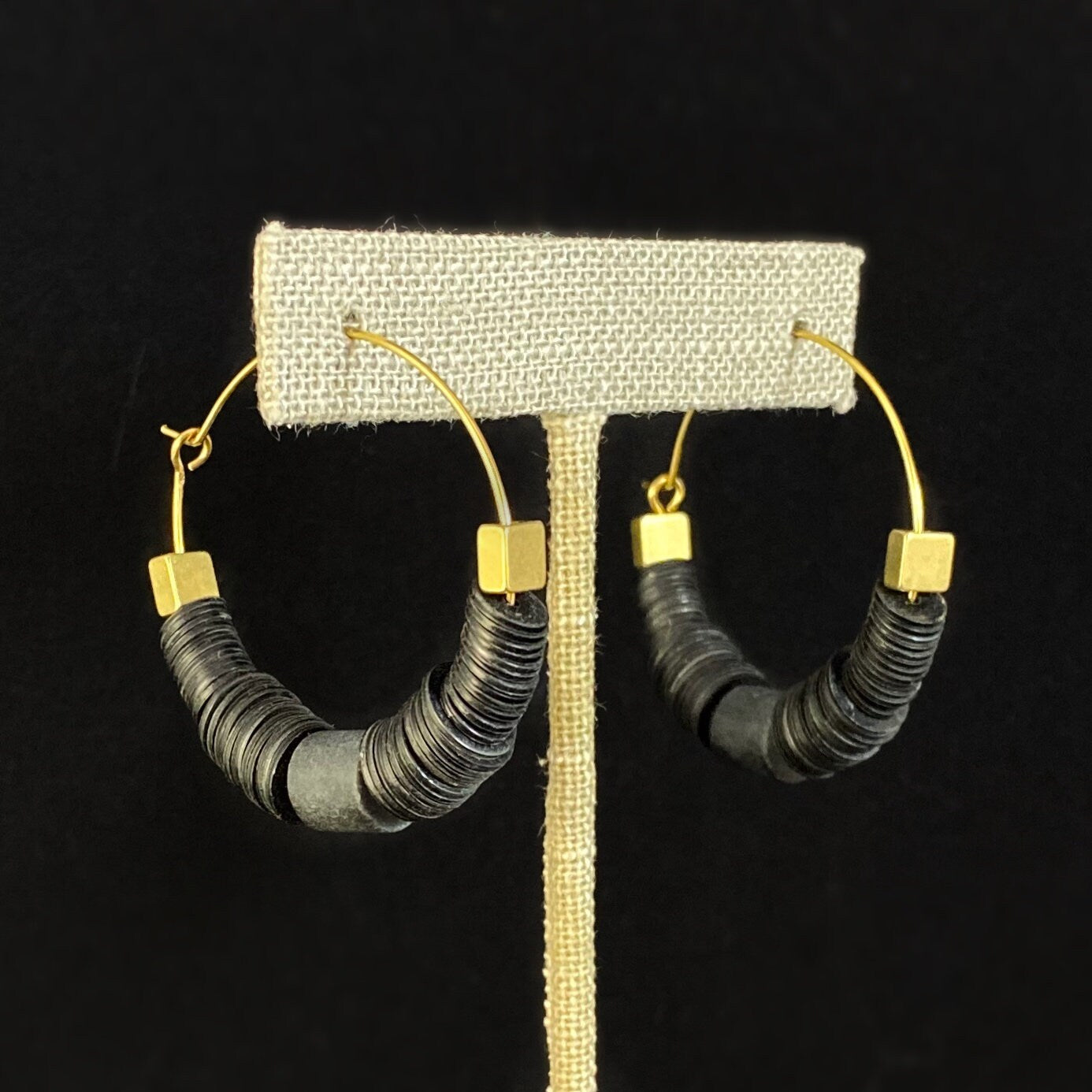 Black Beaded Hoop Earrings - 18kt Gold Over Brass with Vulcanite and Black Agate, David Aubrey Jewelry