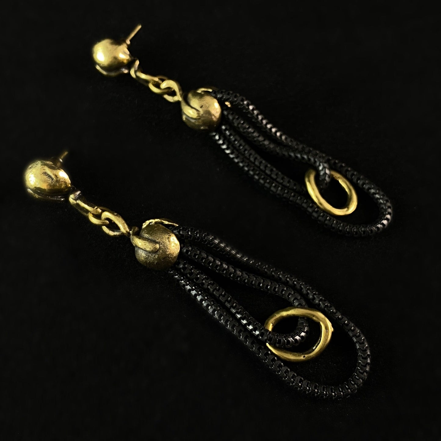 Black Chain and Gold Detail Drop Earrings, Handmade, Nickel Free - Elegant Minimalist Jewelry for Women