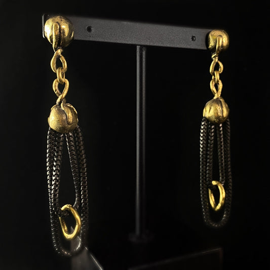 Black Chain and Gold Detail Drop Earrings, Handmade, Nickel Free - Elegant Minimalist Jewelry for Women