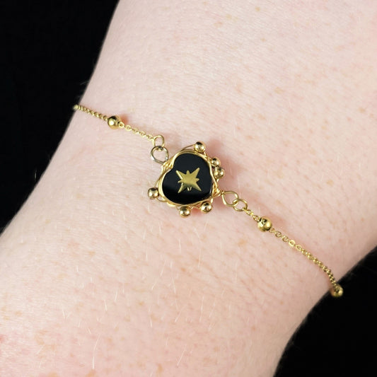 Black Heart Natural Stone Bracelet with Gold Chain Band and Wire Wrapped Setting