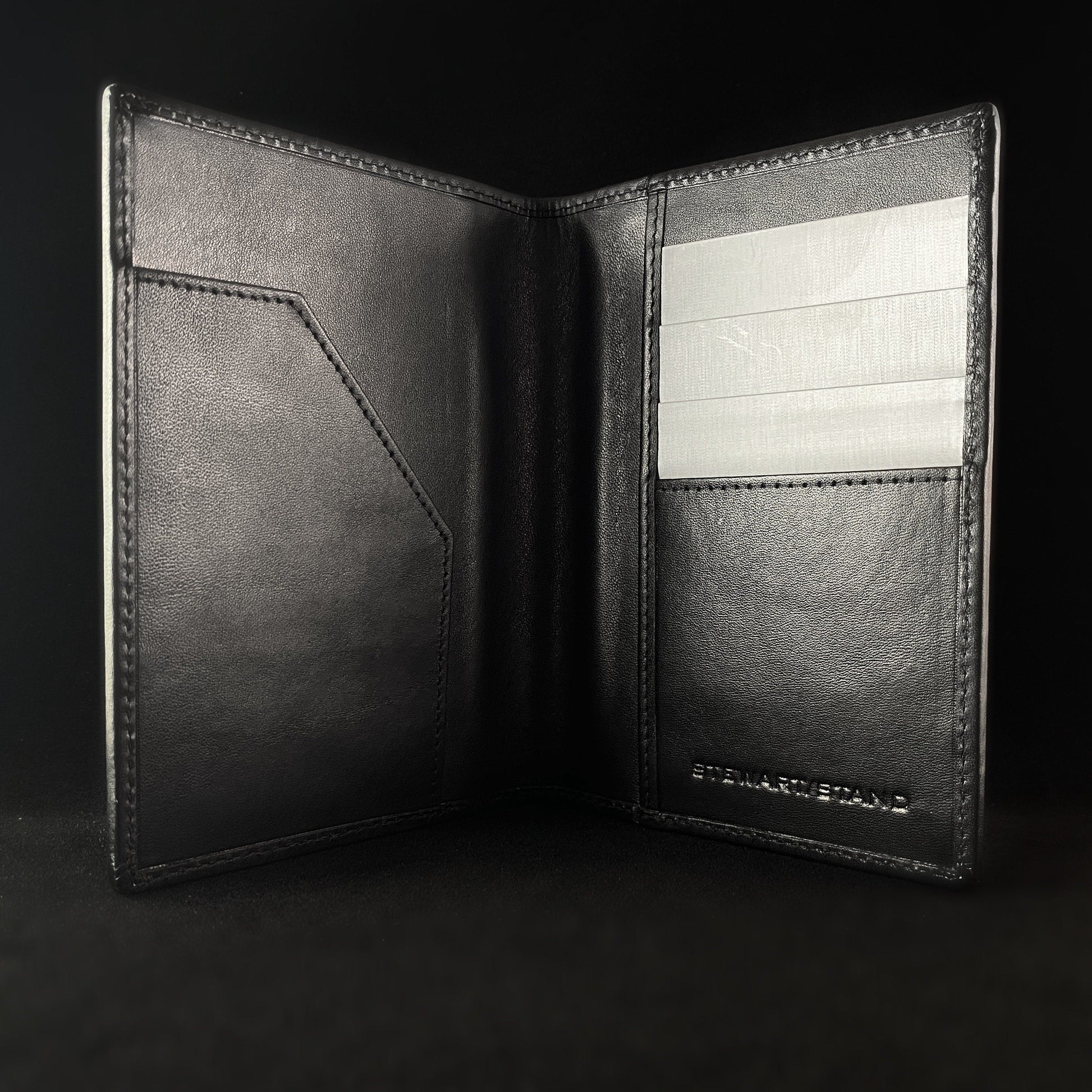 Black Leather RFID Protection Passport Holder, Stainless Steel - Stewart Stand