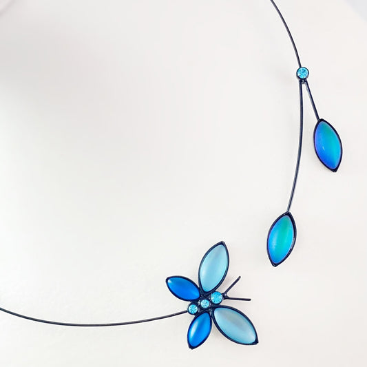 Black Memory Wire Butterfly Necklace with Handmade Glass Beads, Hypoallergenic, Blues - Kristina