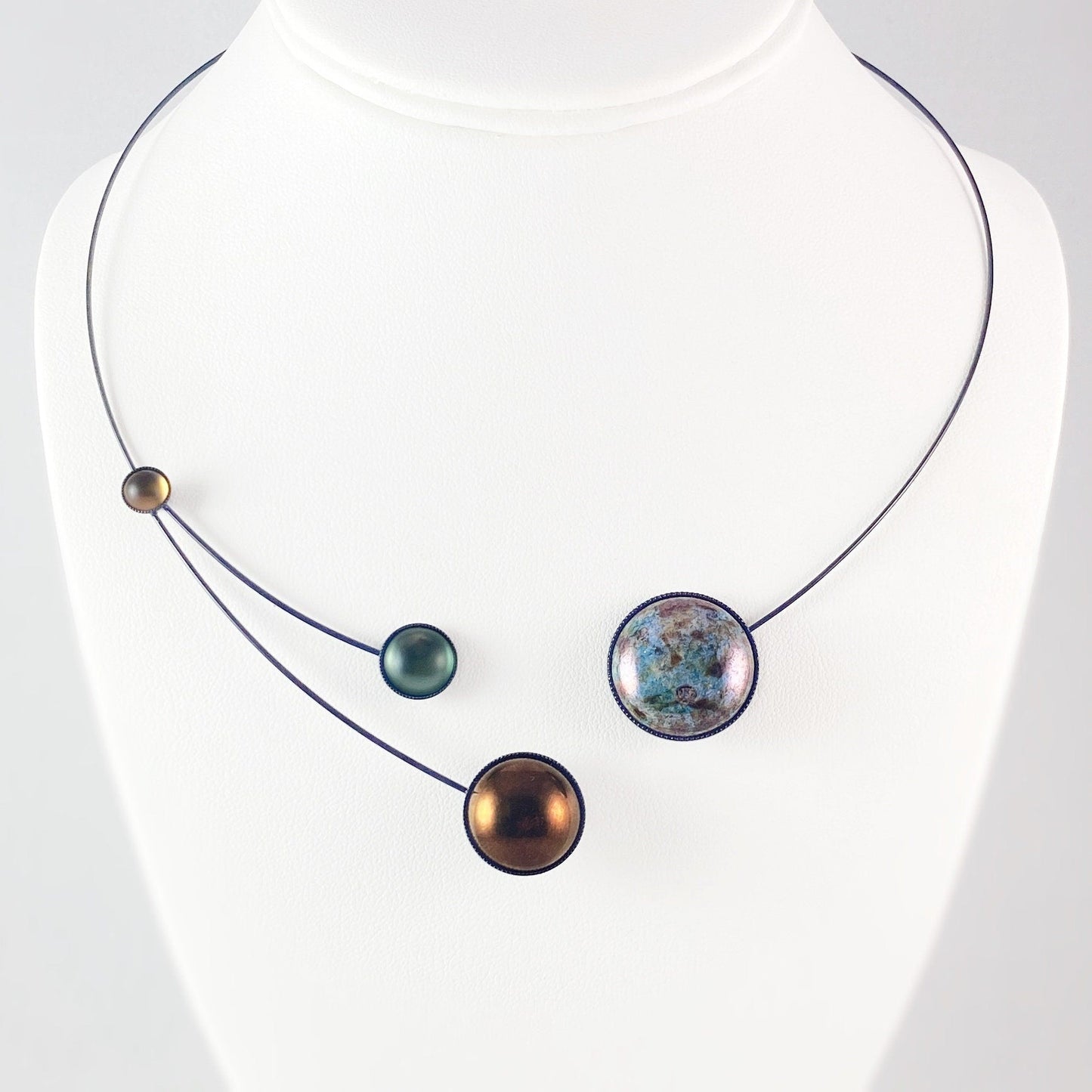 Black Memory Wire Floral Circle Necklace with Handmade Glass Beads, Hypoallergenic, Sage Green/Copper/Multi - Kristina