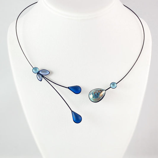 Black Memory Wire Floral Necklace with Handmade Glass Beads, Hypoallergenic, Blue/Green - Kristina