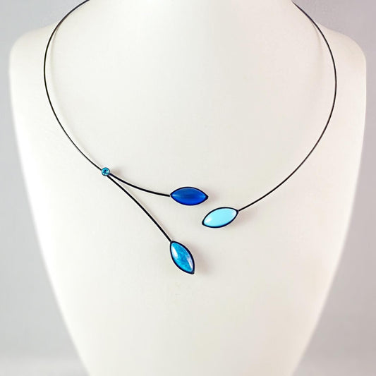 Black Memory Wire Floral Necklace with Handmade Glass Beads, Hypoallergenic, Blue Mix - Kristina