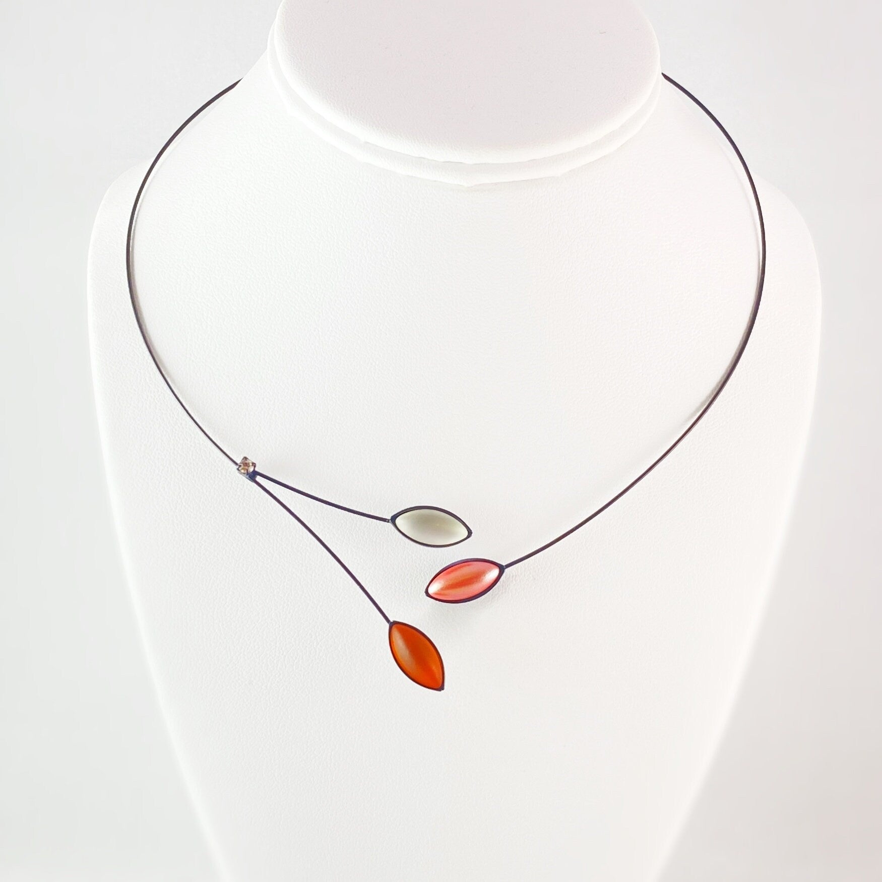 Black Memory Wire Floral Necklace with Handmade Glass Beads, Hypoallergenic, Dk White/Orange Pearl/Orange - Kristina