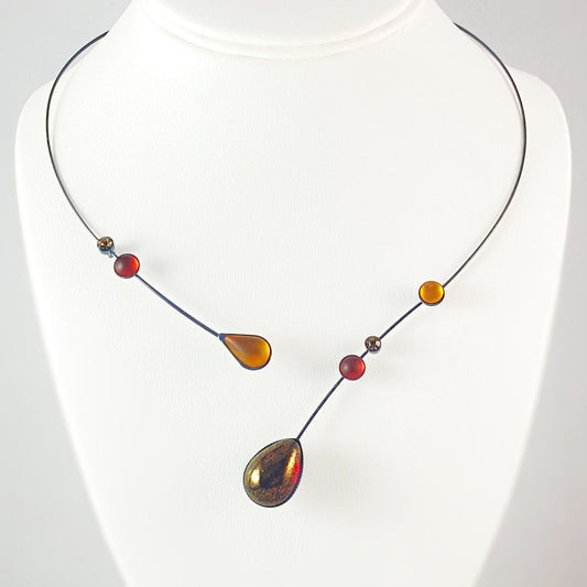 Black Memory Wire Floral Necklace with Handmade Glass Beads, Hypoallergenic, Lt Red/Dk Topaz - Kristina