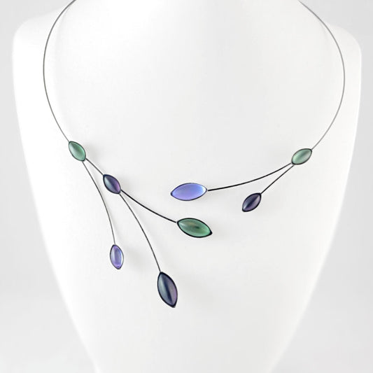 Black Memory Wire Floral Necklace with Handmade Glass Beads, Hypoallergenic, Purple/Green - Kristina